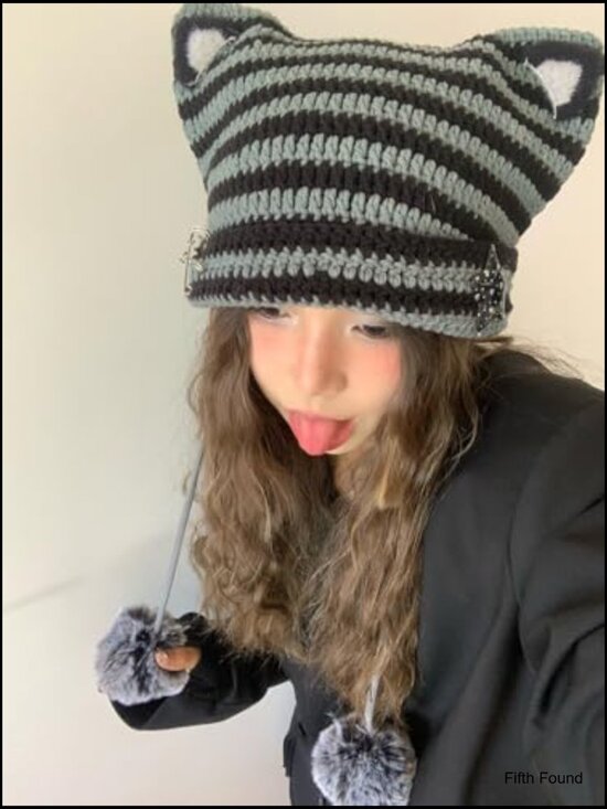 Y2K Cat Ear Beanie Cute Kawaii Grunge Star Crochet Hat Pompom Acubi Devil Scene main image 4
